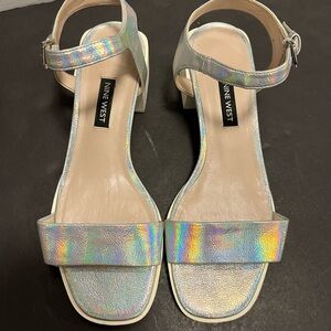 Women Nine West Sandals Iridescent Silver strap with Low White Block Heel